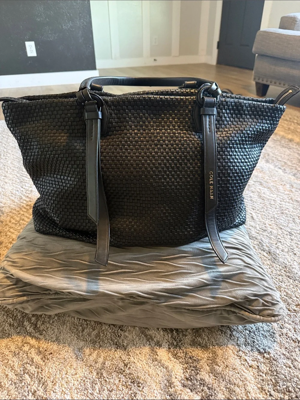 Authentic Cole Haan Black Woven Leather Shoulder Tote